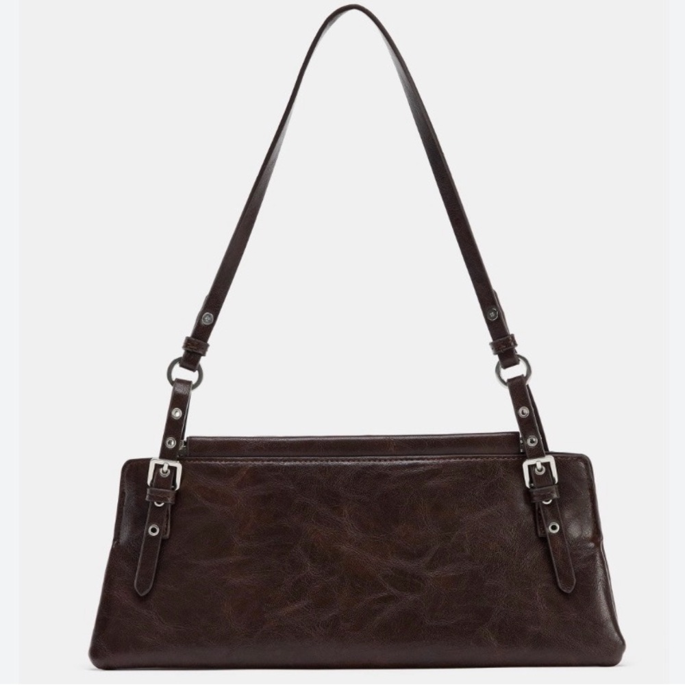 Zara Dark Brown Studded Faux Leather Vinyl Shoulder Bag Purse Elongated Long